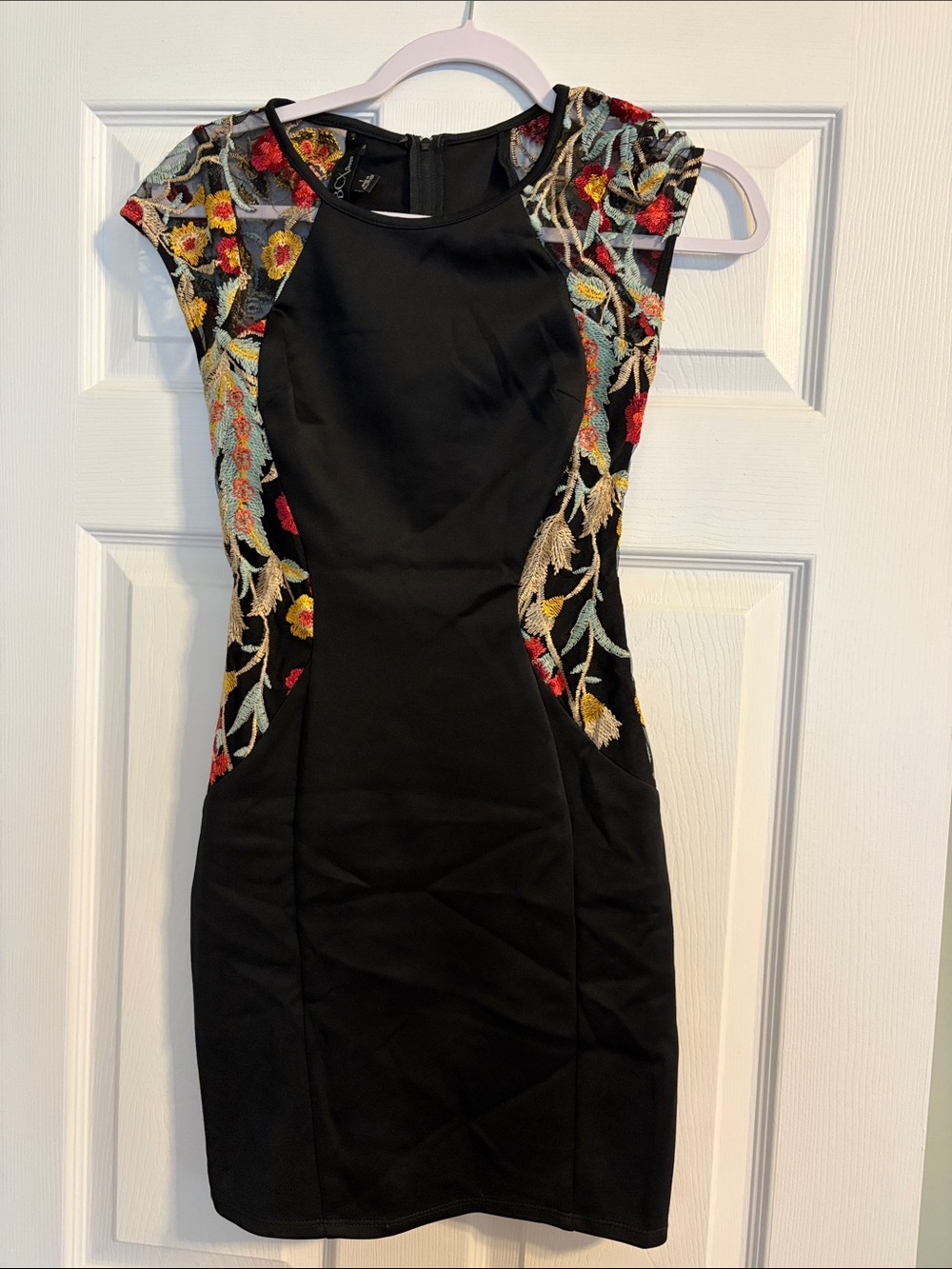Black Floral Embroidered Cap-Sleeve Dress